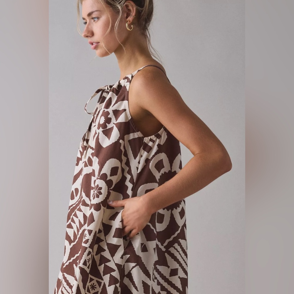 Urban Outfitters BDG Eva Tie-Front Ruched Strap Trapeze Mini Dress Brown White - Picture 3 of 6